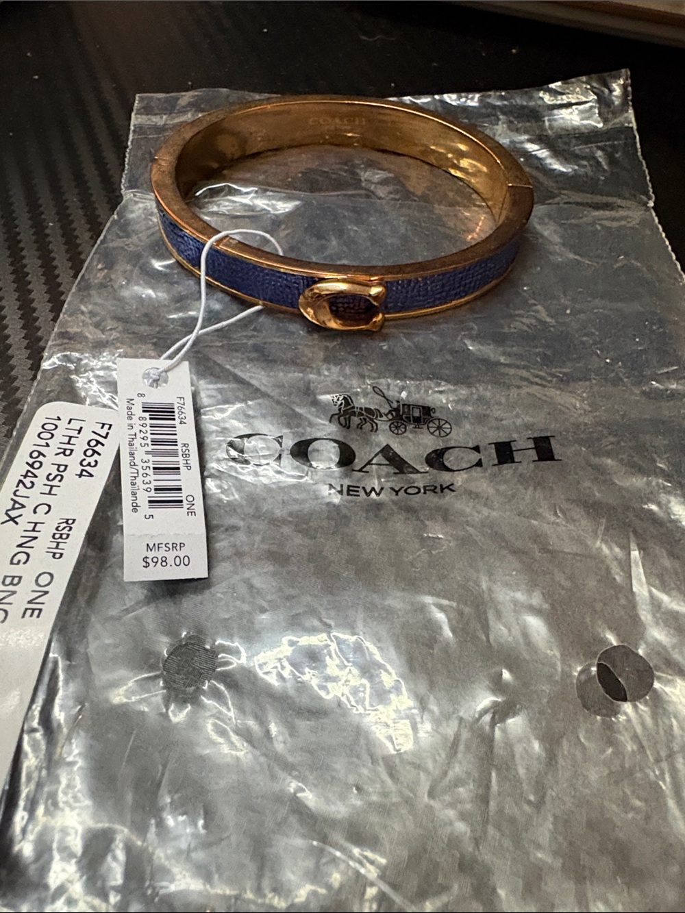 Coach Gold-Tone Bangle with Blue Leather Inlay